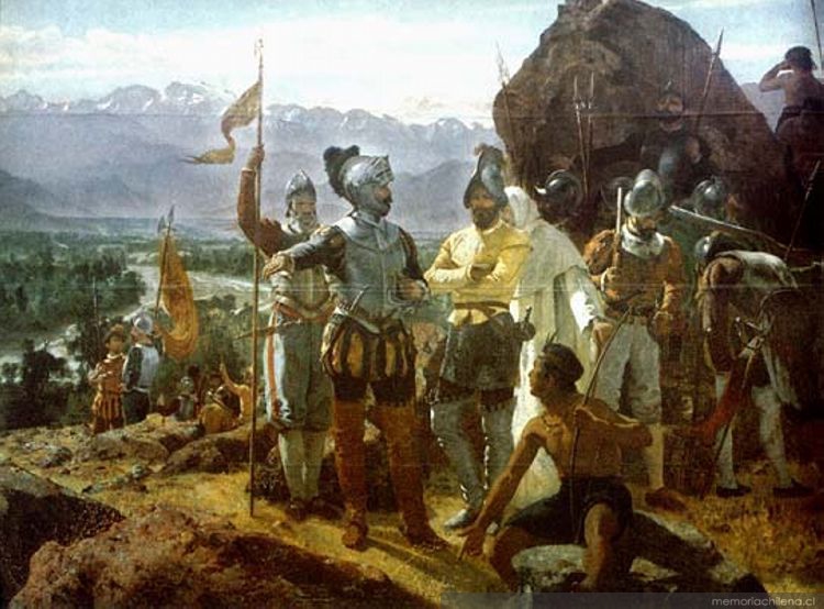 Photo of an oil painting that represents the founding of Santiago del Nuevo Extremo, headed by Pedro de Valdivia in 1541. The original work is an oil painting on canvas. 500 x 250 cm, by the artist Pedro Lira Rencoret in 1888. The photo is Common Cultural Heritage from the digital image archive of the Museum of Fine Arts.